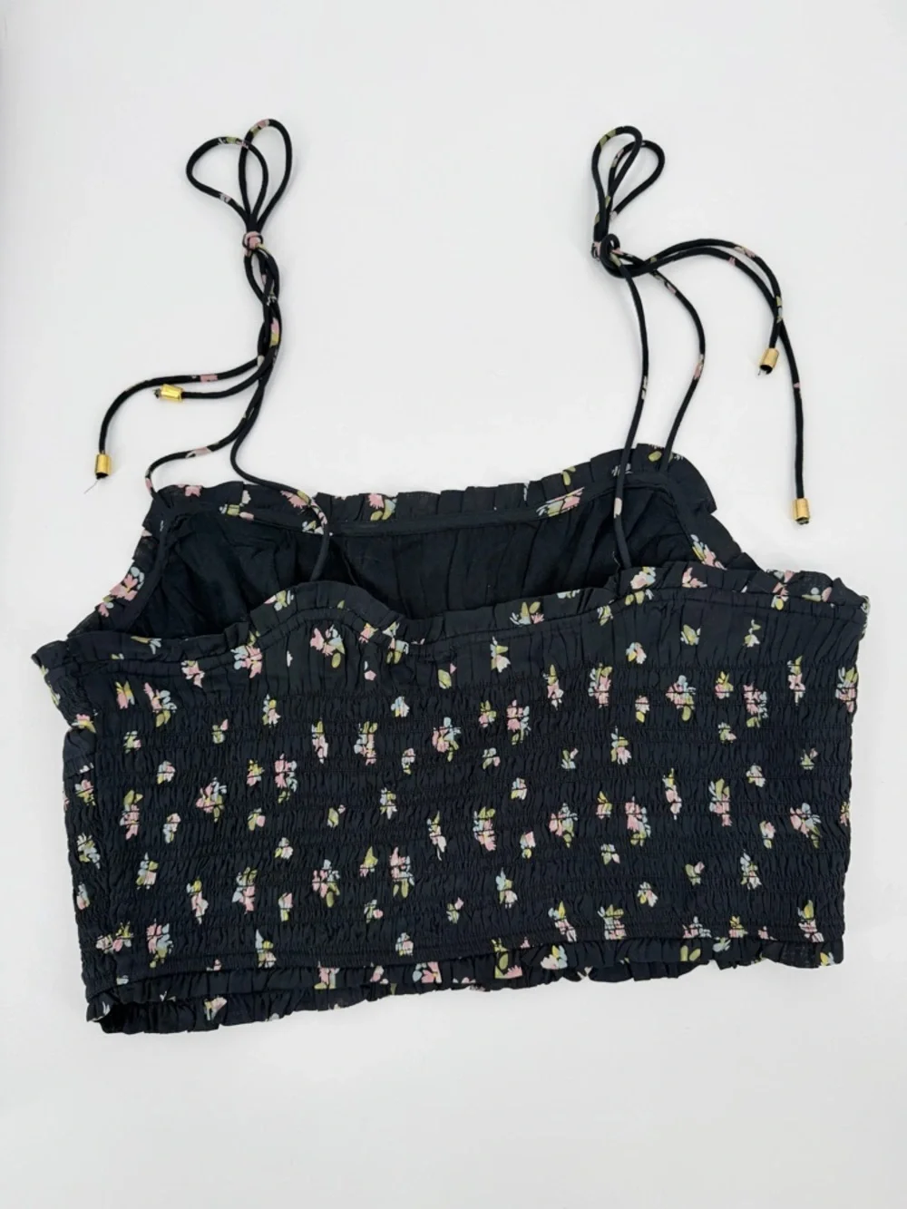 Free People Kaia Smocked Adjustable Strap  Cropped Tank Top Boho Floral Print